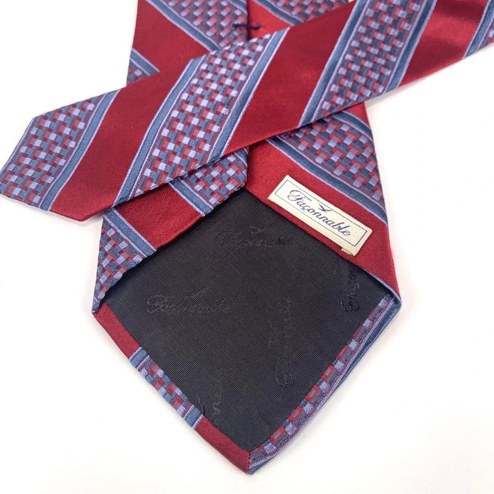 Faconnable Mens Tie Red Geometric Striped‎ Repp Design 100% Silk XL